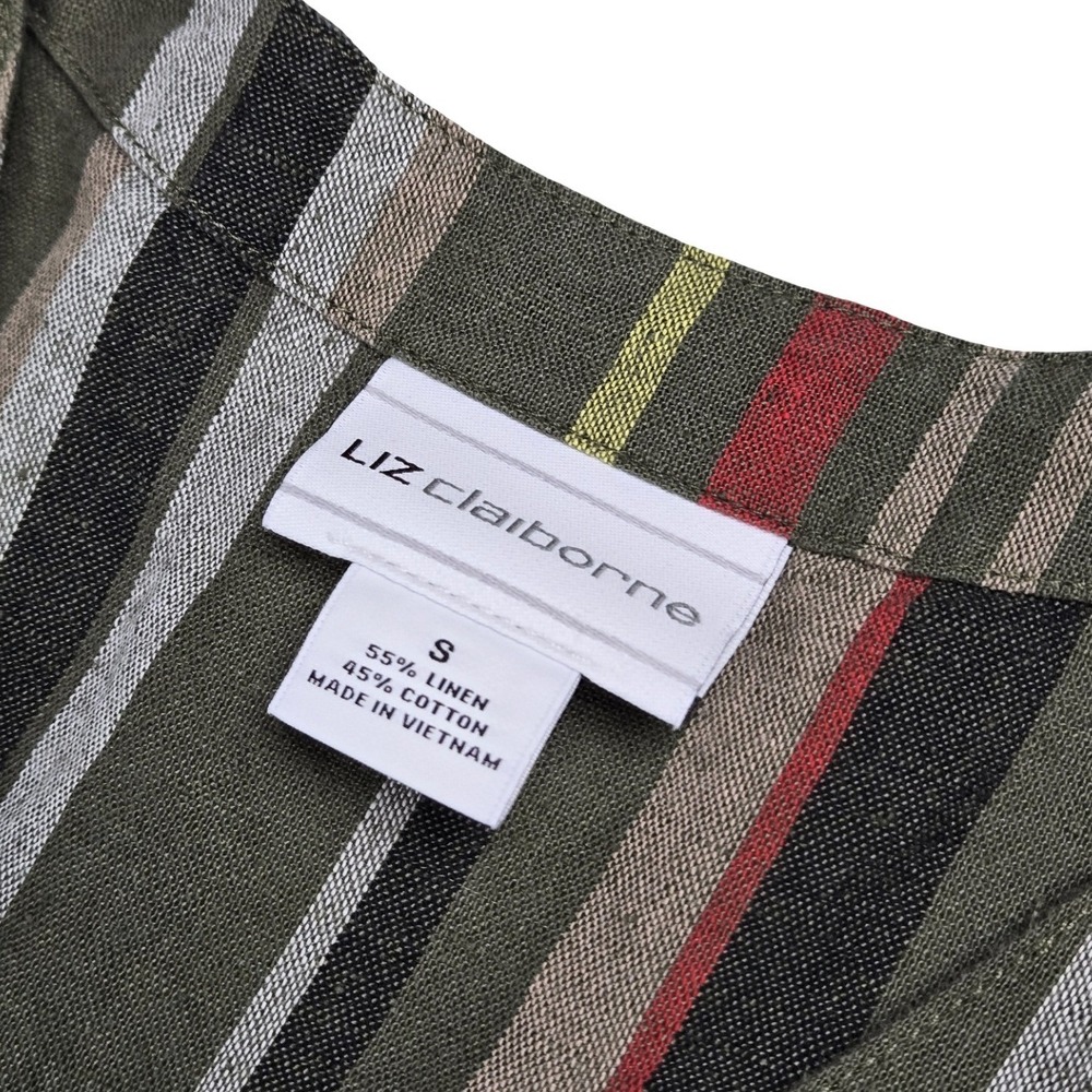 Liz Claiborne Womens Linen Blend Striped Button Front Midi Dress Olive Green S - Picture 2 of 7